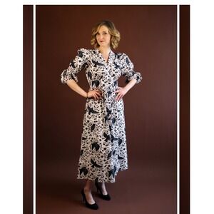 Hemloya Audrey Midi Dress Starling Bird Hand drawn Print Cotton Midi Dress